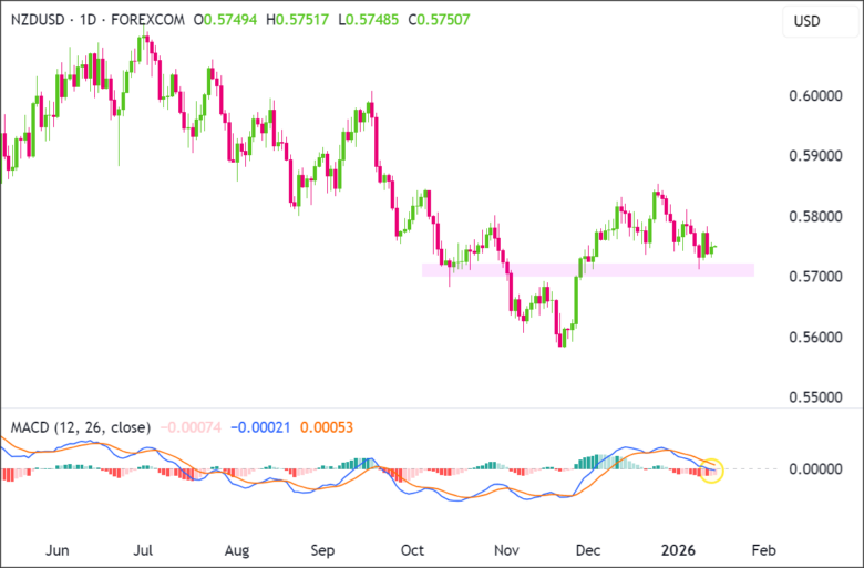 今日交易提醒：NZD/USD 显示出看涨动能的转变，因为 MACD 直方图得到改